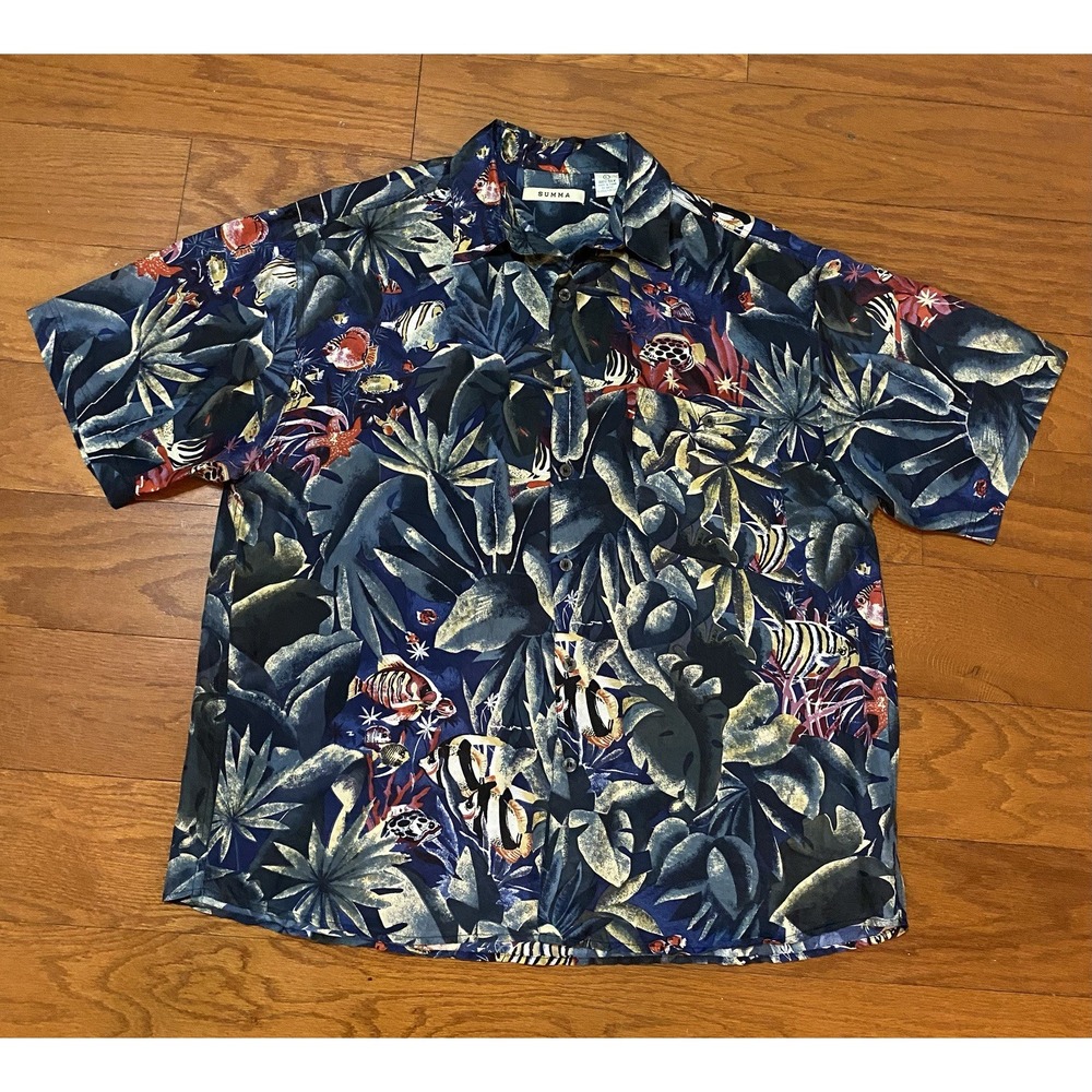 Vintage Summa Mens Silk Shirt Size Large Ocean Sea Fish Print Excellent Conditio